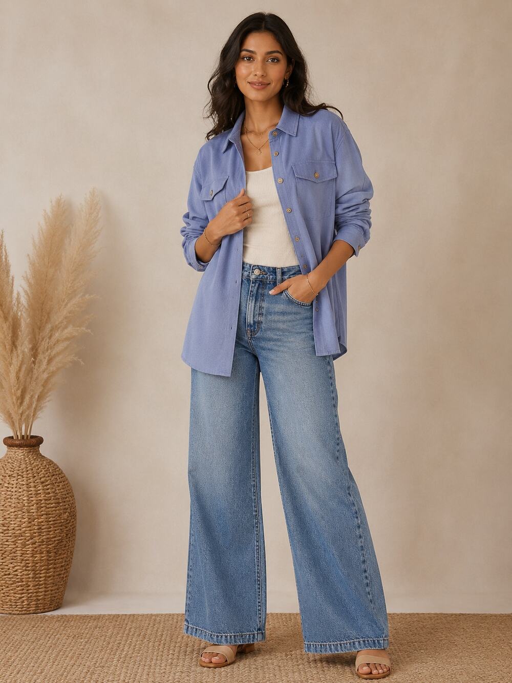 Pink Rose Blue Faux Suede Ribbed Shacket Jacket Large Boho Utility